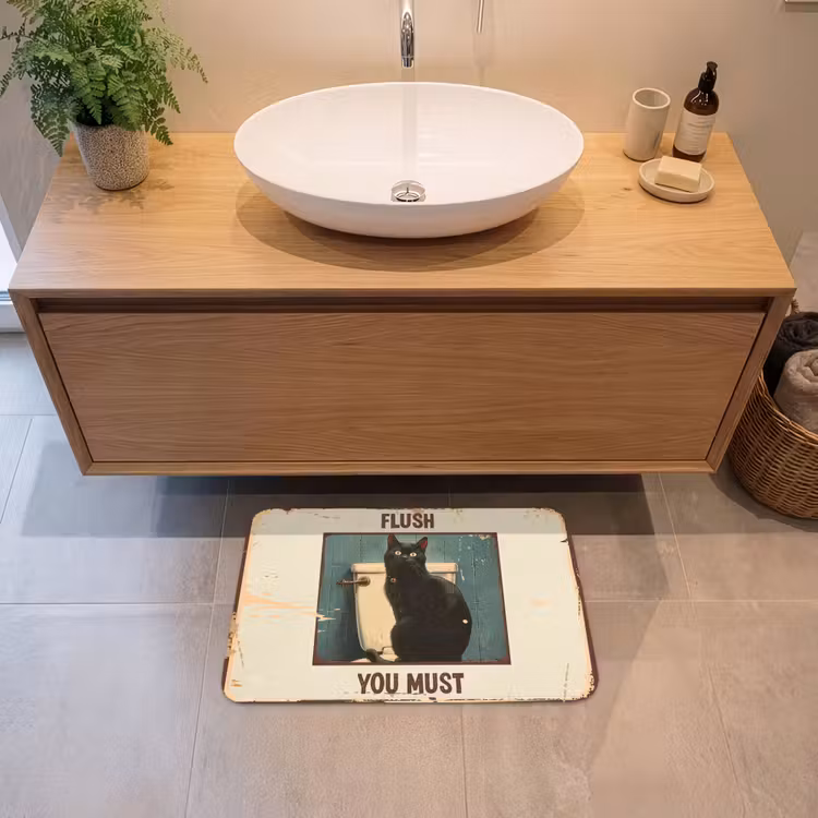 Kat - Vintage - Zwart - Quote - Flush you must Badmat klein -sfeer1