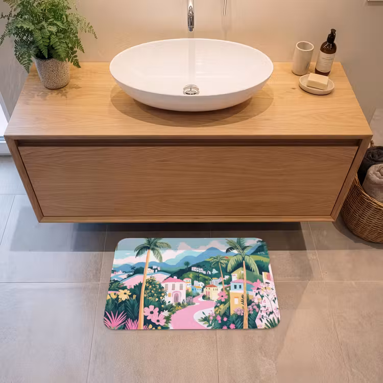 Kleurrijk - Huizen - Heuvels - Roze Badmat klein -sfeer1