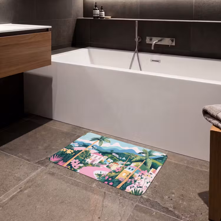 Kleurrijk - Huizen - Heuvels - Roze Badmat klein -sfeer3