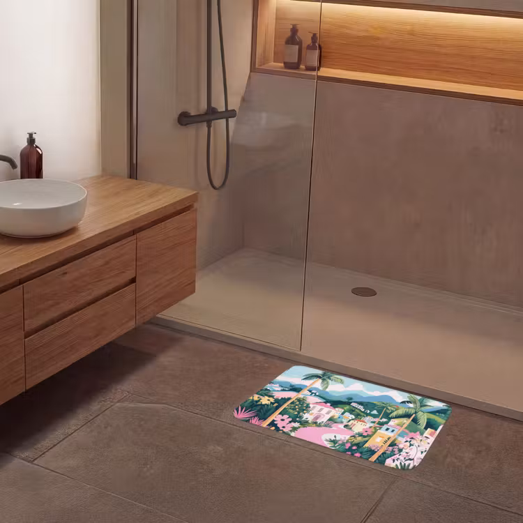 Kleurrijk - Huizen - Heuvels - Roze Badmat klein -sfeer2