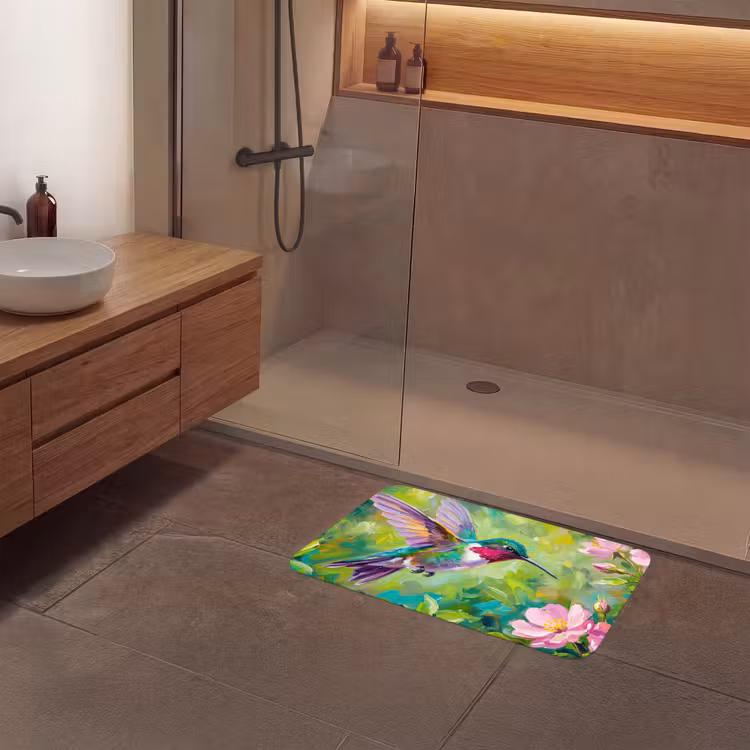 Kolibrie - Bloemen - Natuur - Kleurrijk Badmat klein -sfeer2