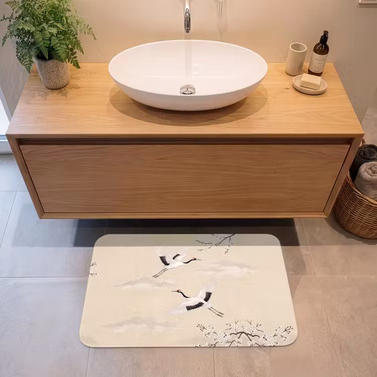Kraanvogels - Bloesem - Beige Badmat klein -sfeer1
