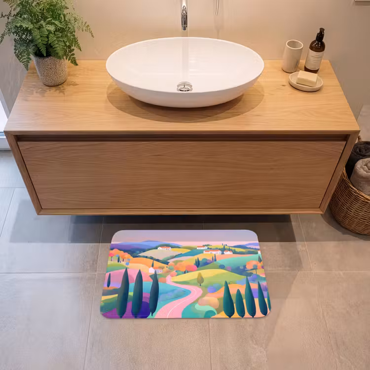 Landschap - Paars - Pastel - Huizen Badmat klein -sfeer1