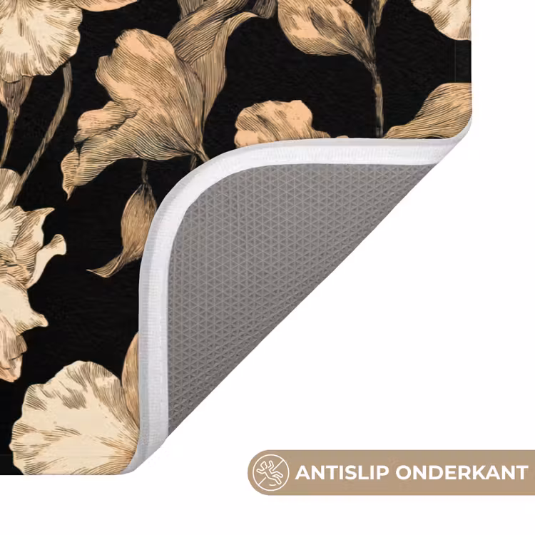 Orchideeën - Lijntekening - Patroon - Beige - Zwart Badmat middel 997 -USP_AntislipNL