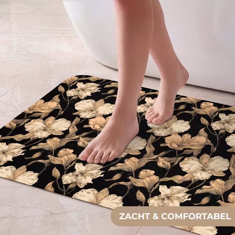 Orchideeën - Lijntekening - Patroon - Beige - Zwart Badmat middel 997 -USP_ZachtNL