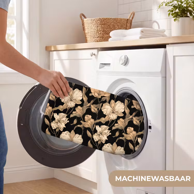 Orchideeën - Lijntekening - Patroon - Beige - Zwart Badmat middel 997 -USP_WasbaarNL