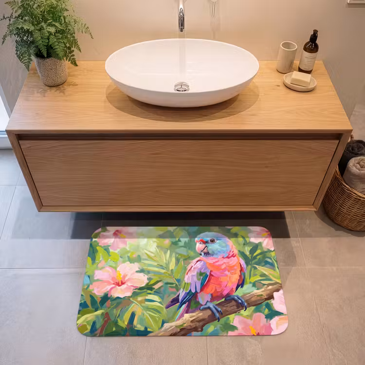 Papagaai - Hibiscusbloemen - Kleurrijk Badmat middel -sfeer1
