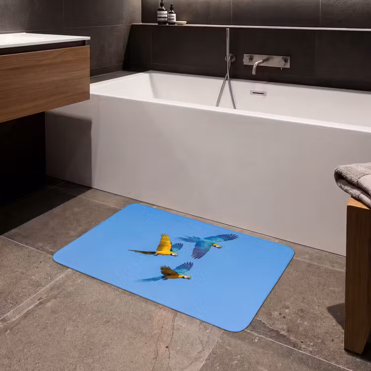 Papagaai - Vliegen - Blauw - Geel Badmat klein -sfeer3