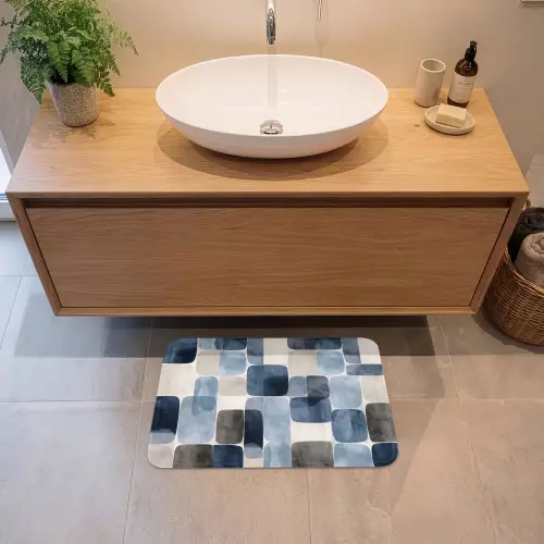 Patroon - Blauw - Vierkanten Badmat klein -sfeer1