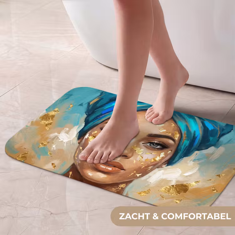 Portret - Vrouw - Schilderij - Blauw - Goud - Expressief Badmat klein -USP_ZachtNL