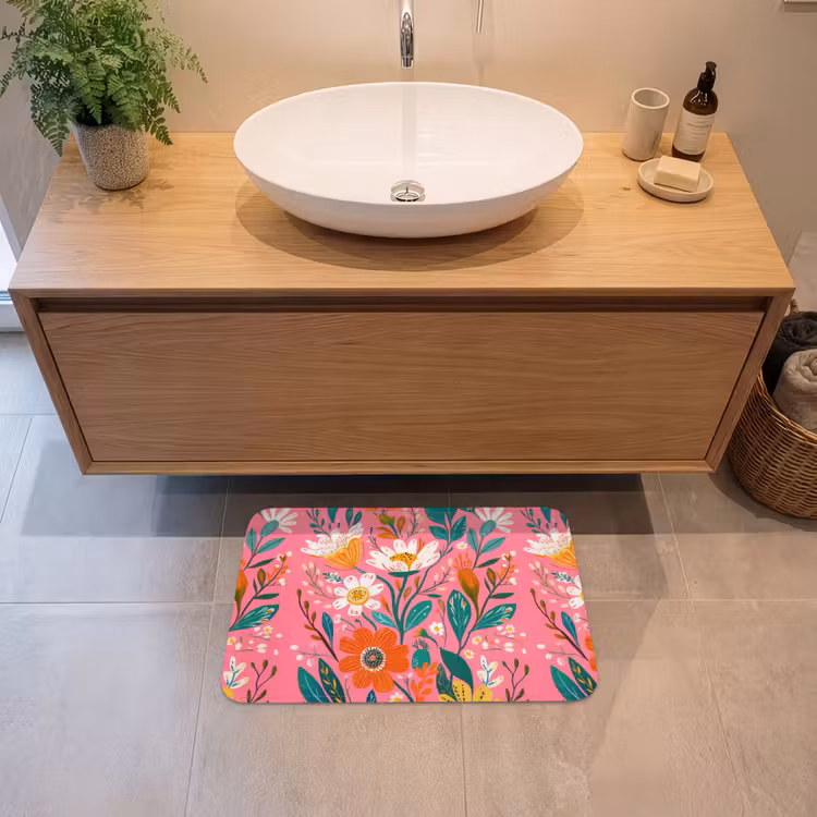 Roze - Bloemen - Wit - Oranje Badmat klein -sfeer1