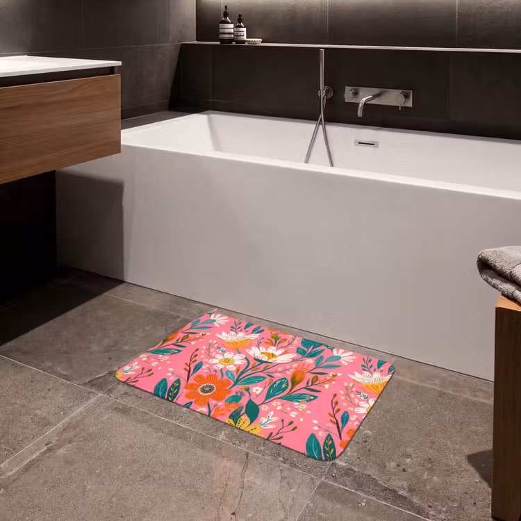 Roze - Bloemen - Wit - Oranje Badmat klein -sfeer3