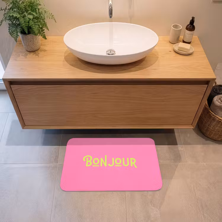Roze - Groene Bonjour - art-deco Badmat klein -sfeer1