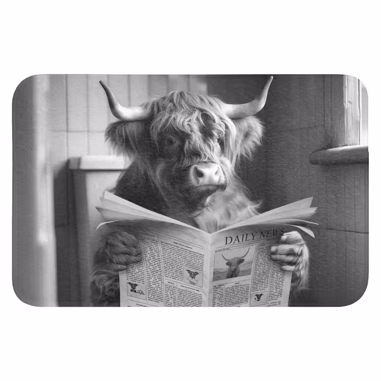 Schotse hooglander - Koe - Krant - WC - Zwart wit Badmat klein -3d