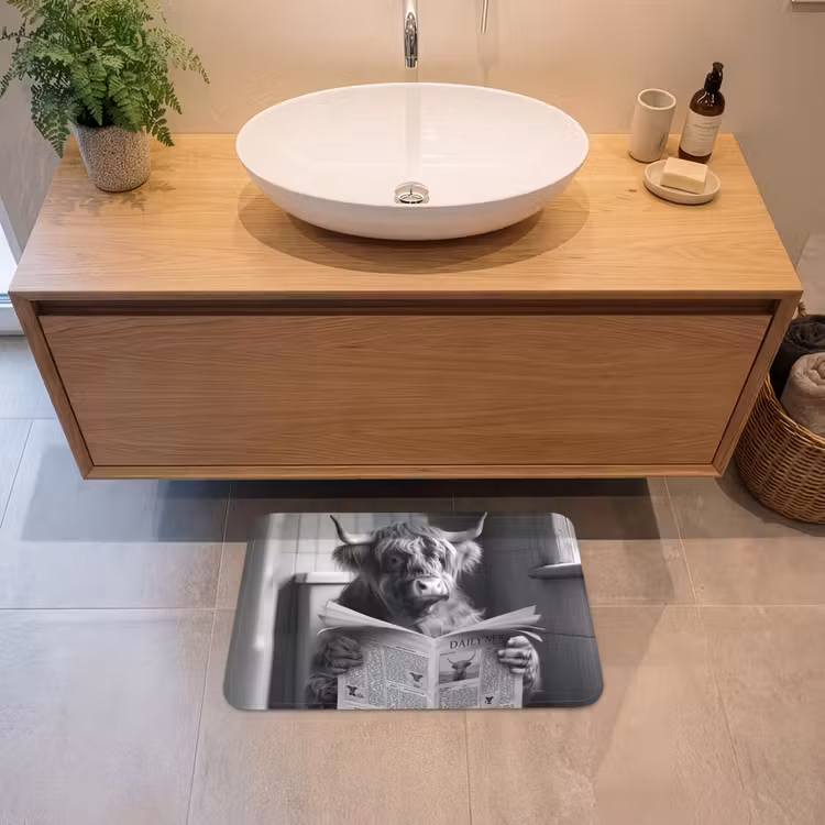 Schotse hooglander - Koe - Krant - WC - Zwart wit Badmat klein -sfeer1