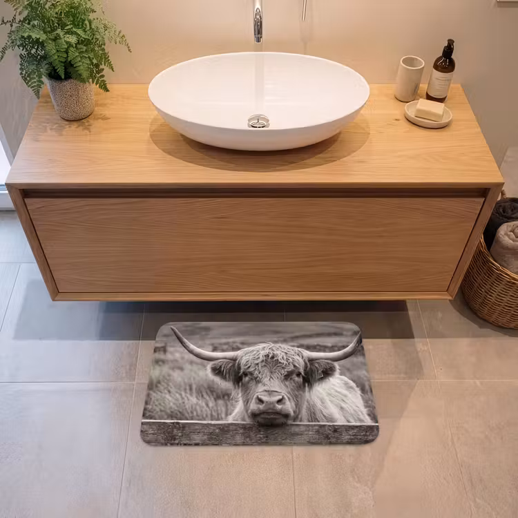 Schotse hooglander - Zwart - Wit - Hout Badmat klein -sfeer1