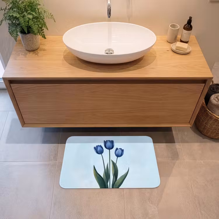 Tulpen - Blauw - Bladeren Badmat klein -sfeer1