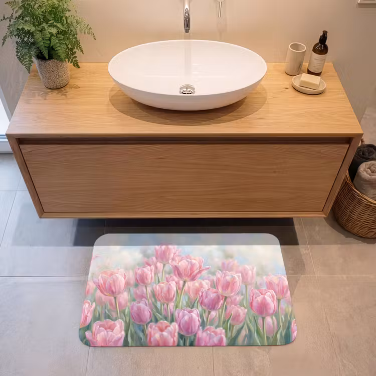 Tulpen - Veld - Lente - Roze Badmat klein -sfeer1