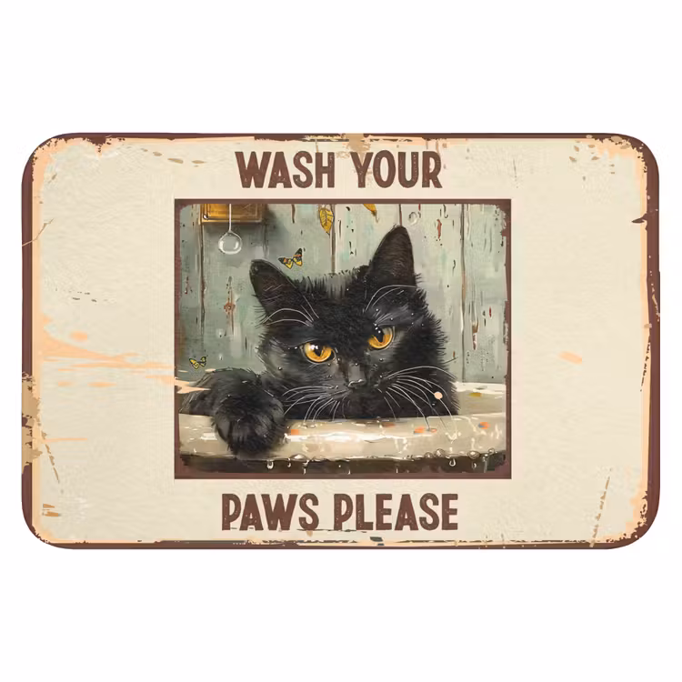 Vintage - Kat - Quotes - Wash your paws please - Spreuken Badmat klein -3d