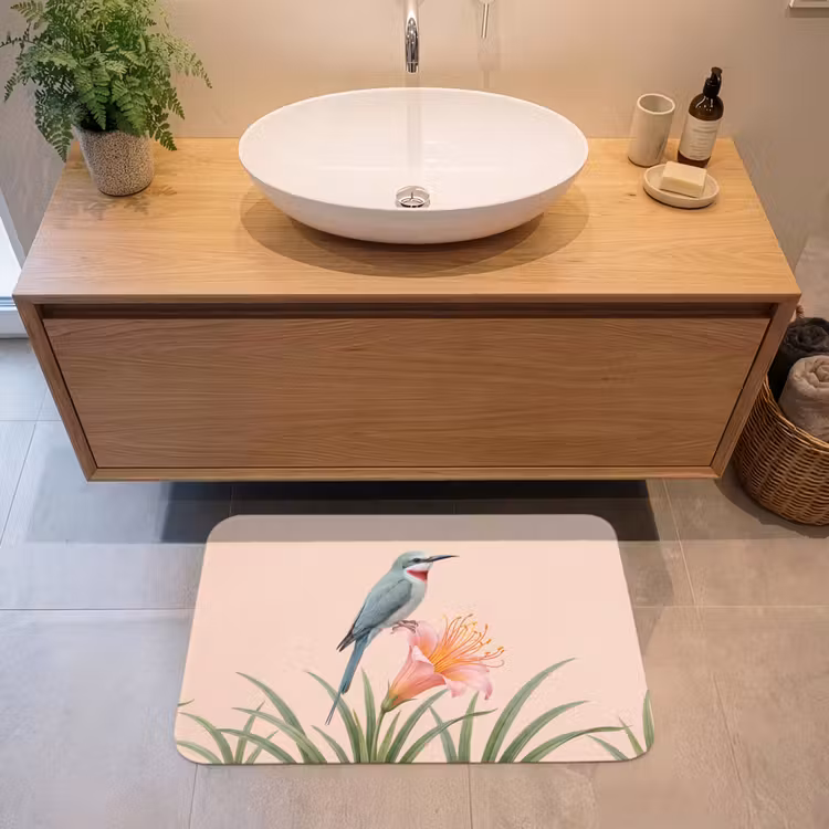 Vogel - Bloem - Natuur - Roze Badmat middel -sfeer1