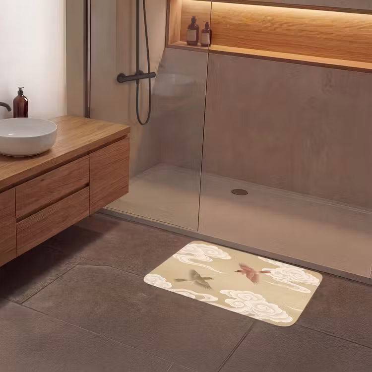 Vogels - Vliegen - Beige Badmat middel -sfeer2