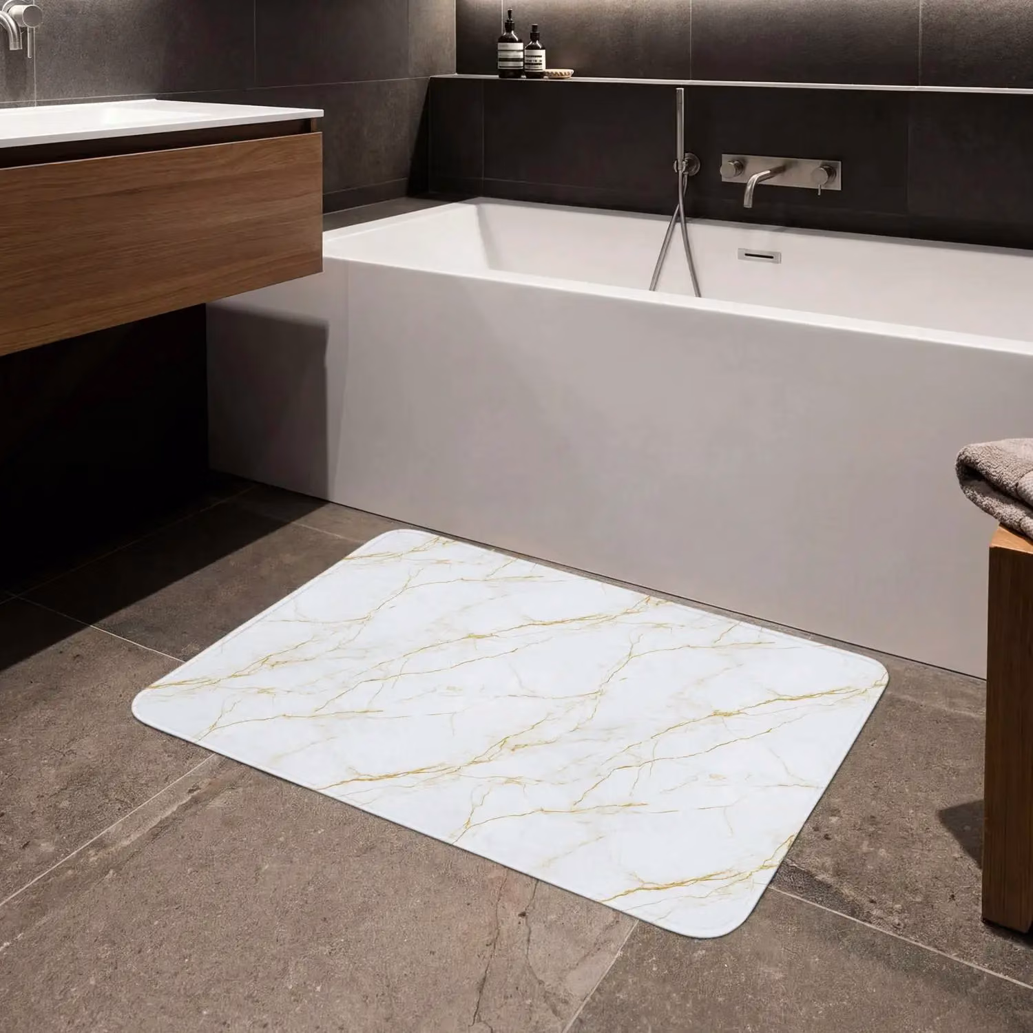 Wit - Marmer - Goud - Luxueus Badmat klein 997 -3d