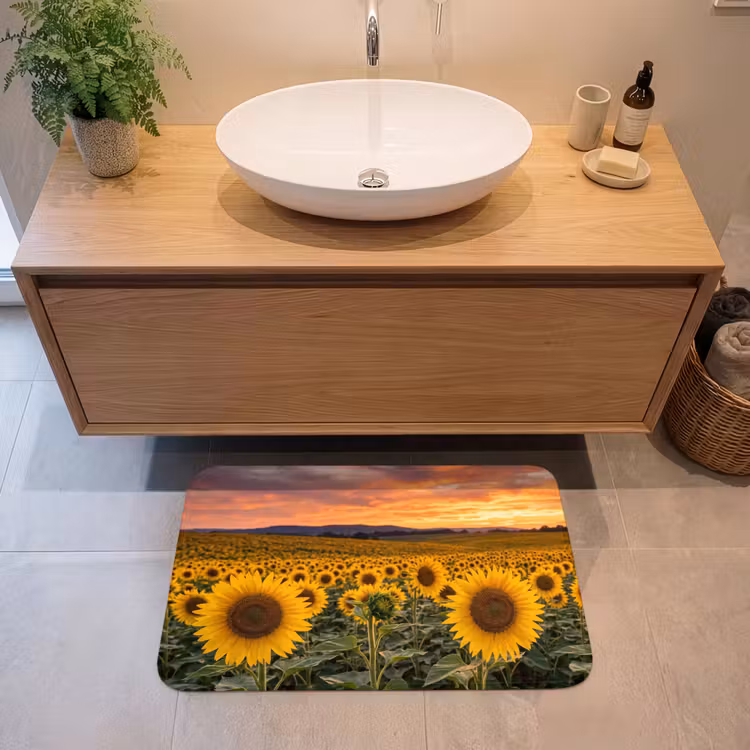 Zonnebloemen - Heuvellandschap - Geel Badmat klein -sfeer1