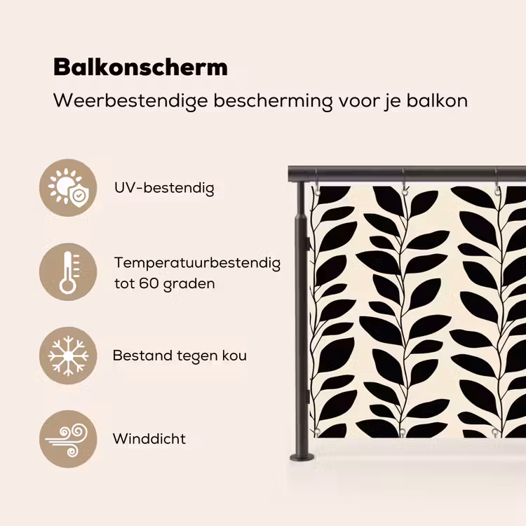 Botanisch - Dessin - Zwart - Beige Balkonbeschermer Duitsland klein 596 -specs_NL