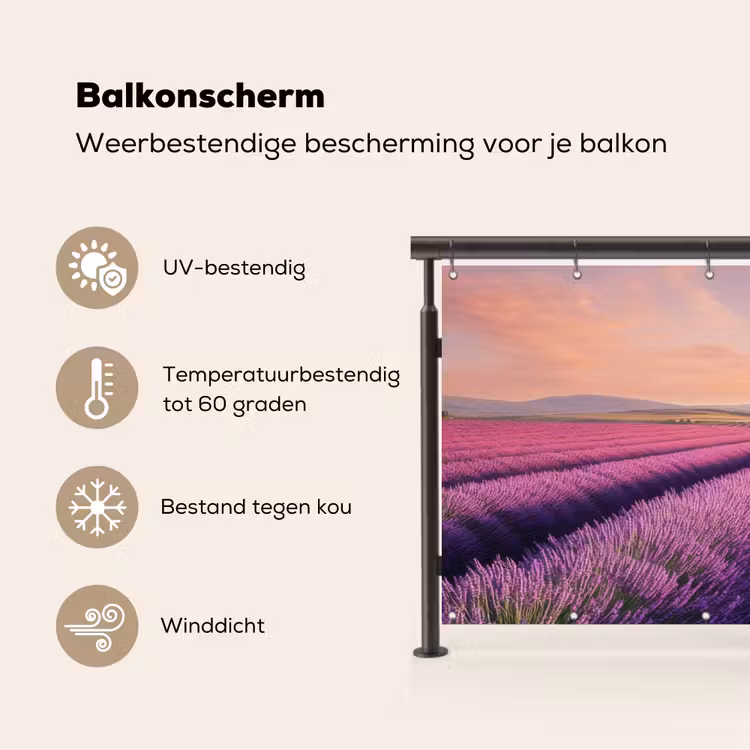 Lavendelveld - Zonsondergang - Paars - Bloemen Balkonbeschermer Duitsland klein -specs_NL