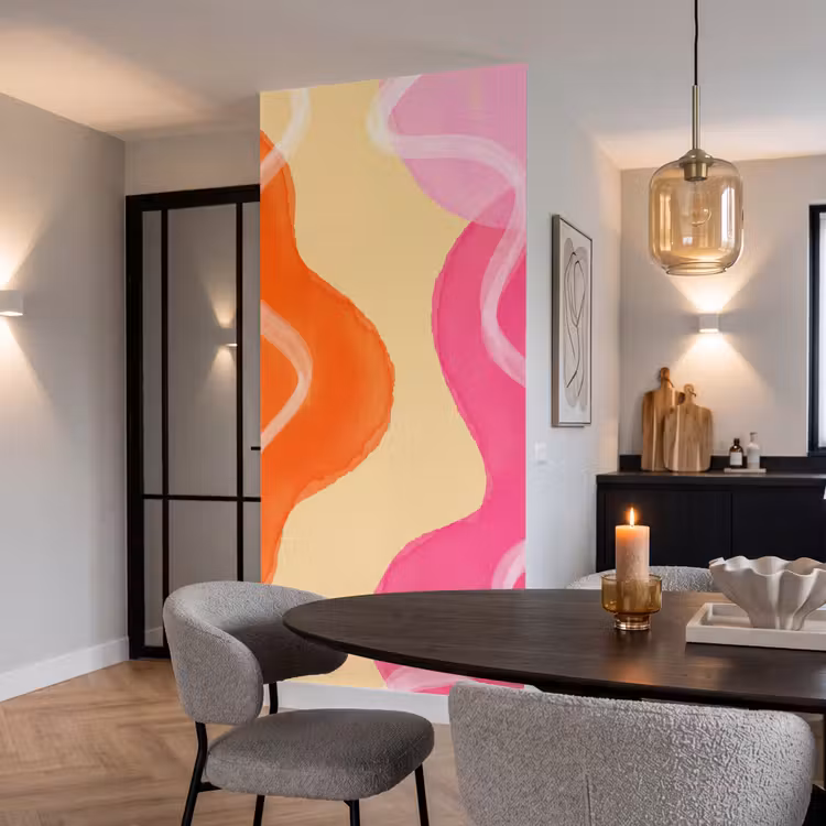 Abstract - Aquarel - Organisch - Oranje - Roze Behang Vlies klein -sfeer3