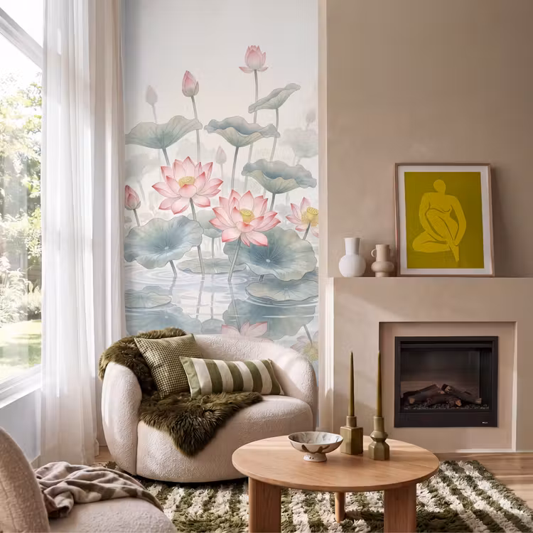 Aquarel - Lotusbloemen - Kleurrijk Behang Vlies klein -sfeer2