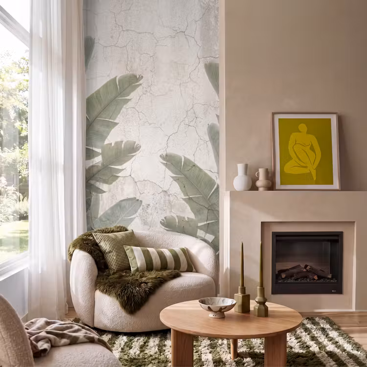 Bananenbladeren - Beton - Groen Behang Vlies klein -sfeer2