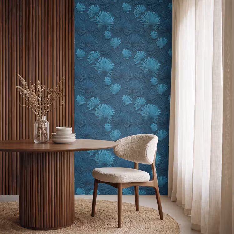 Bladeren - Reliëf - Patroon - Oceaanblauw - Modern Behang Vlies klein 1076 -sfeer1