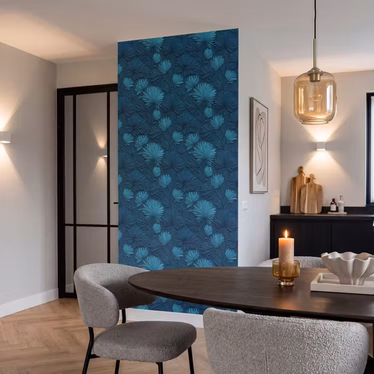 Bladeren - Reliëf - Patroon - Oceaanblauw - Modern Behang Vlies klein 1076 -sfeer3