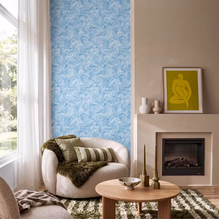Blauw - Wit - Spiraal - Golven - Lijnen Behang Vlies klein 1076 -sfeer2
