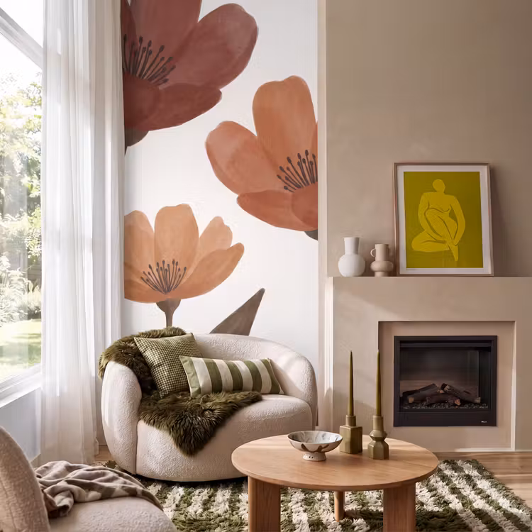 Bloemen - Abstract - Modern - Bruin - Decoratief Behang Vlies klein -sfeer2