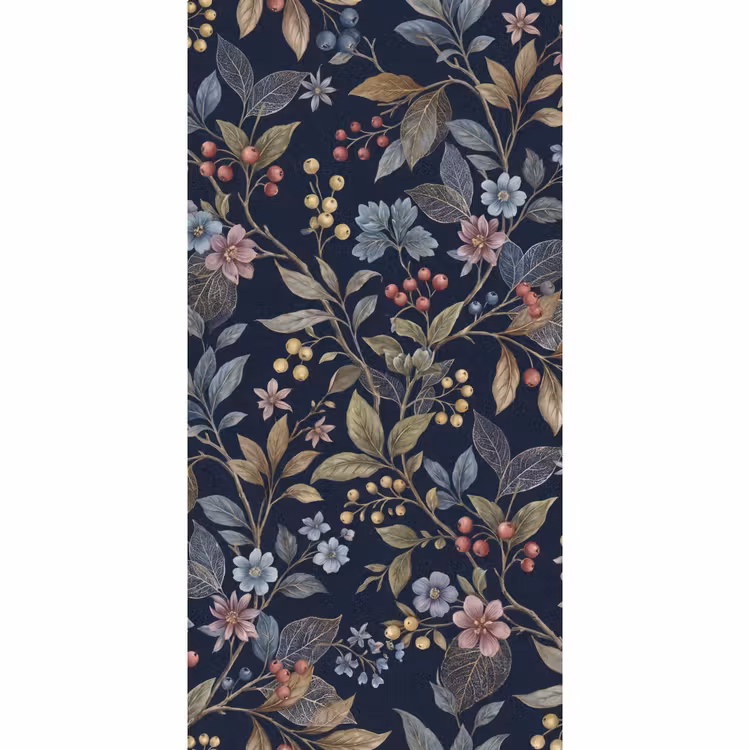 Bloemen - Bladeren - Patroon - Botanisch - Donkerblauw Behang Vlies klein -3d_website
