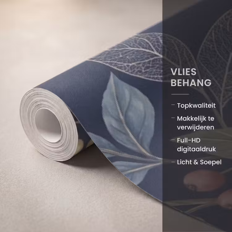 Bloemen - Bladeren - Patroon - Botanisch - Donkerblauw Behang Vlies klein -USP_closeupNL