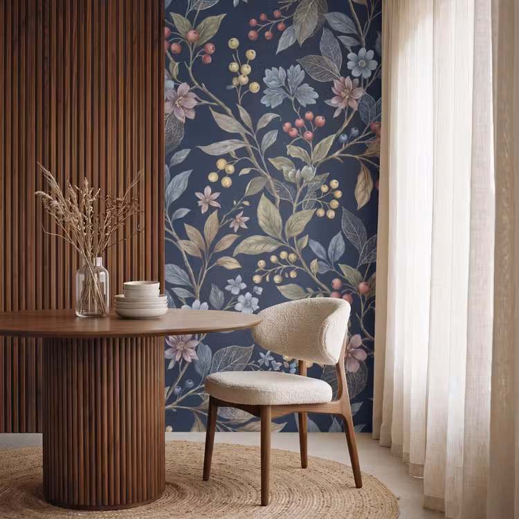 Bloemen - Bladeren - Patroon - Botanisch - Donkerblauw Behang Vlies klein -sfeer1
