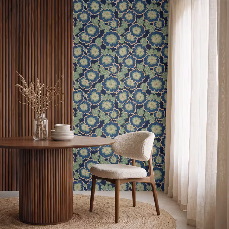 Bloemen - Borduurwerk - Patroon - Blauw - Groen Behang Vlies klein 1076 -sfeer1