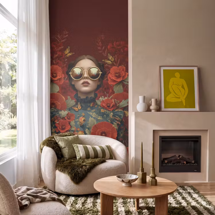Bloemen - Dieprood - Zonnebril - Vrouw Behang Vlies klein -sfeer2