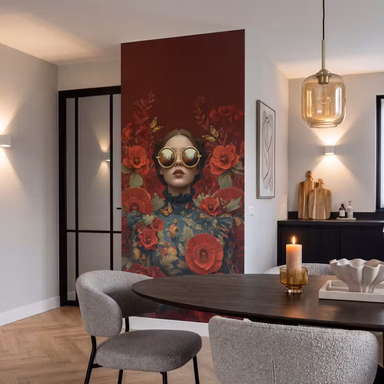Bloemen - Dieprood - Zonnebril - Vrouw Behang Vlies klein -sfeer3