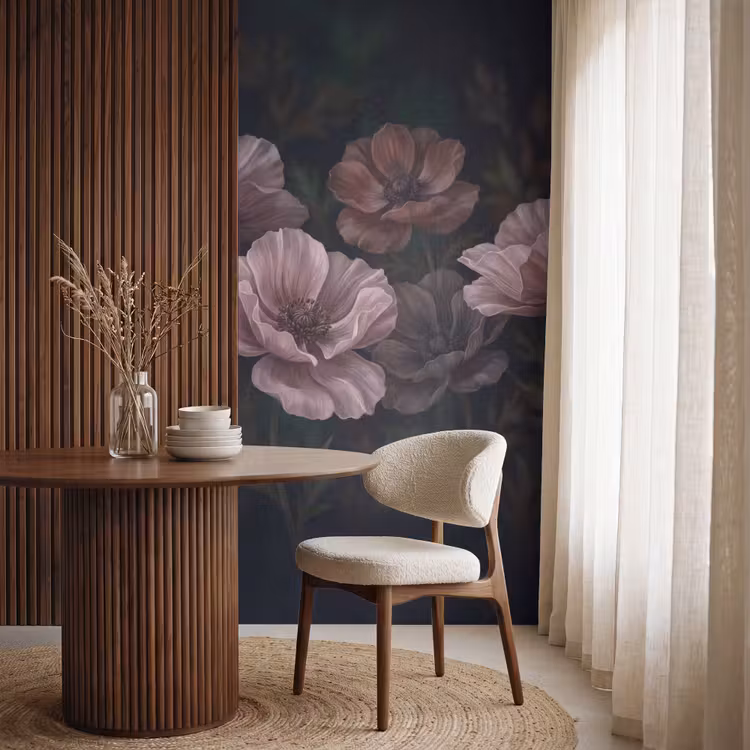 Bloemen - Natuur - Roze - Donker - Modern Behang Vlies klein -sfeer1