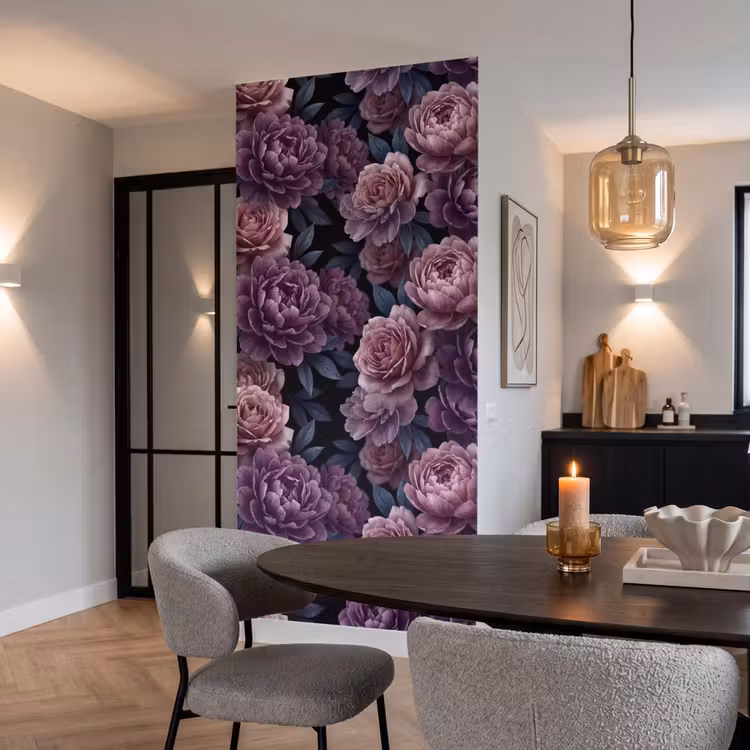 Bloemen - Patroon - Donker - Botanisch - Paars Behang Vlies klein -sfeer3