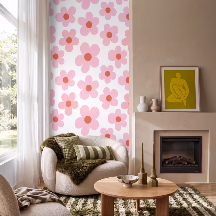 Bloemen - Patroon - Modern - Roze - Wit Behang Vlies klein -sfeer2
