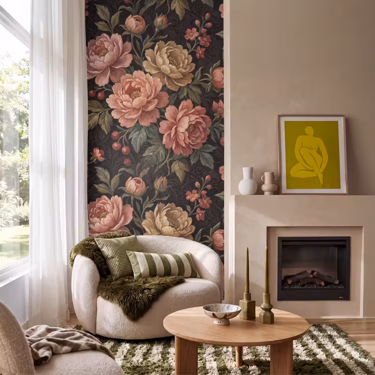 Bloemen - Patroon - Natuur - Vintage - Roze Behang Vlies klein -sfeer2