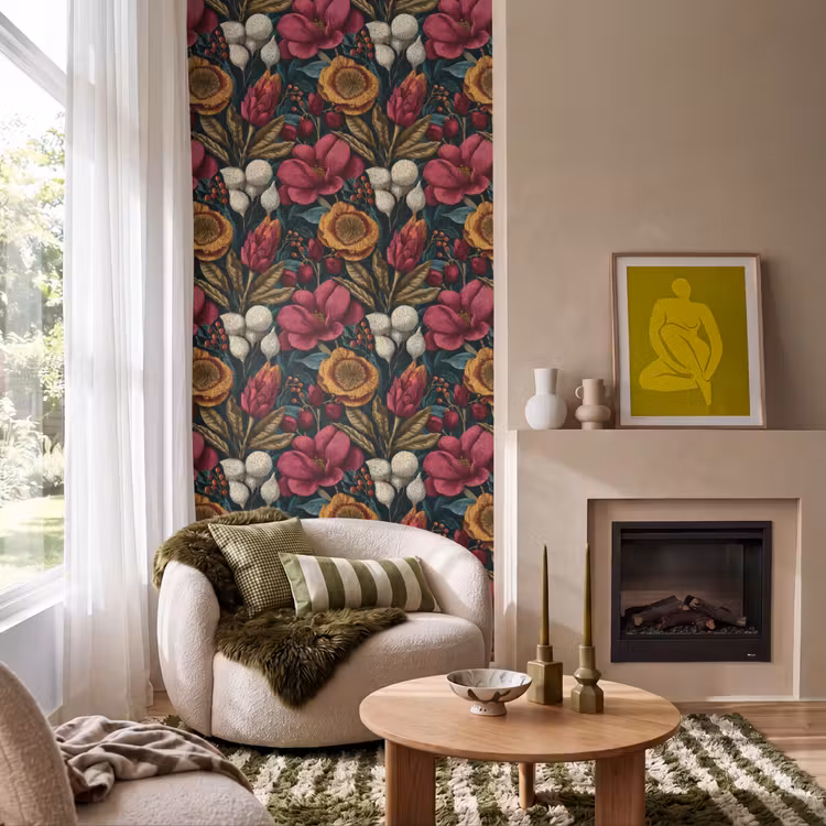Bloemen - Patroon - Rood - Goud Behang Vlies klein 1076 -sfeer2