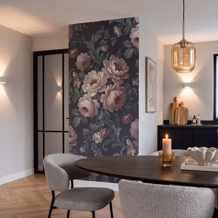 Bloemen - Patroon - Sierlijk - Roze - Donker Behang Vlies klein -sfeer3