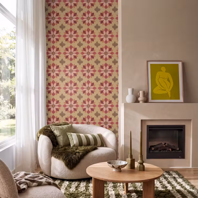 Bloemen - Retro - Groen Behang Vlies klein 1076 -sfeer2