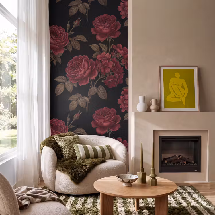 Bloemen - Roos - Patroon - Klassiek - Rood Behang Vlies klein -sfeer2